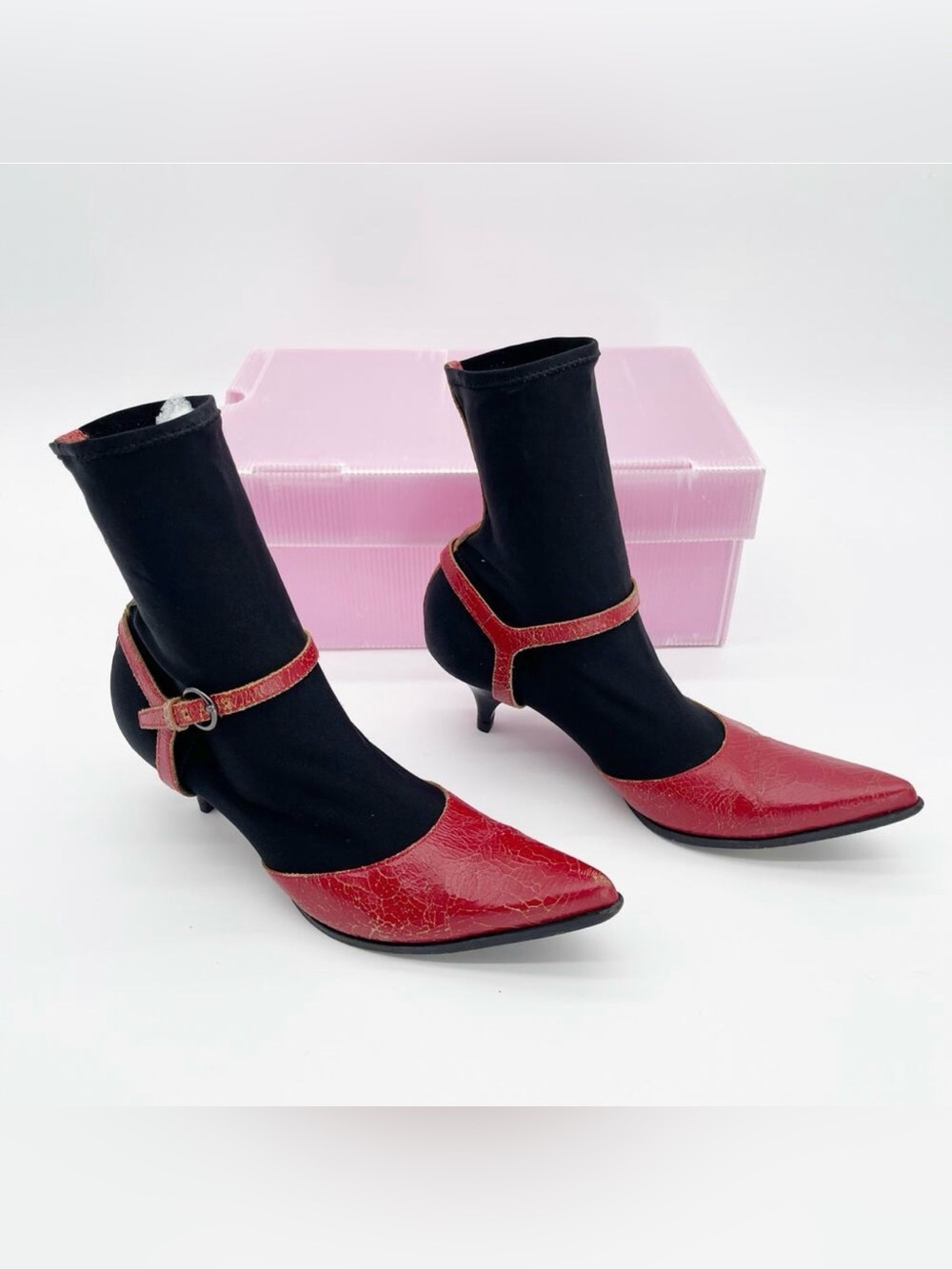 Miu Miu FW 2001 Red Crackled Leather Mary Jane Kitten Heel Sock Boots IT 37